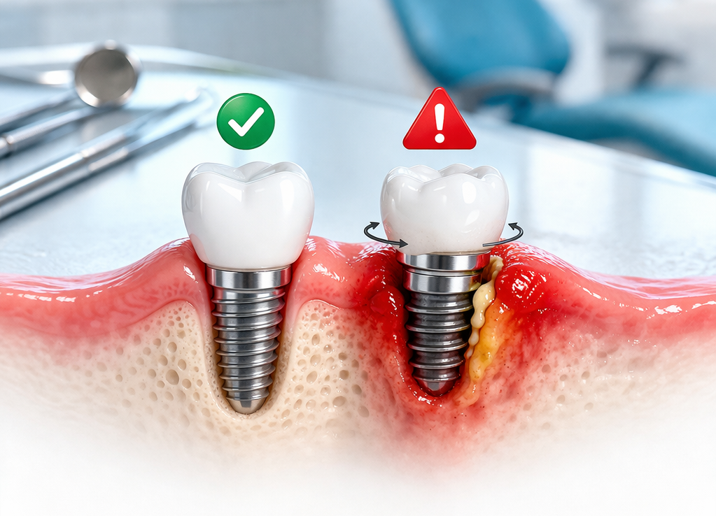 semne că implantul dentar nu s-a prins comparație implant dentar sănătos vs inflamat Clinica Dentora București